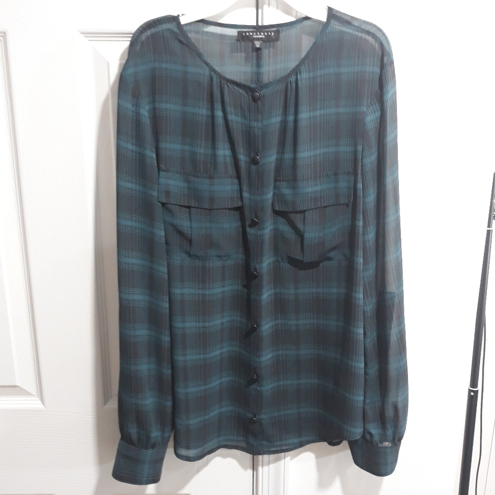 Sanctuary Black and Teal Striped Blouse   Long-Sleeve Button Down Sheer Medium